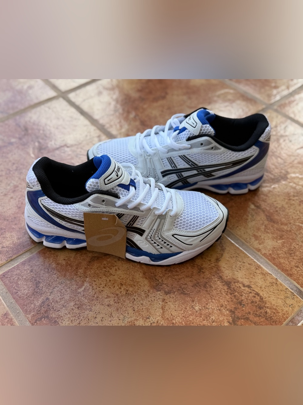 Size 9.5 Men’s And Women’s 11 - Asics Gel Kayano 14 White, Blue & Black Mesh